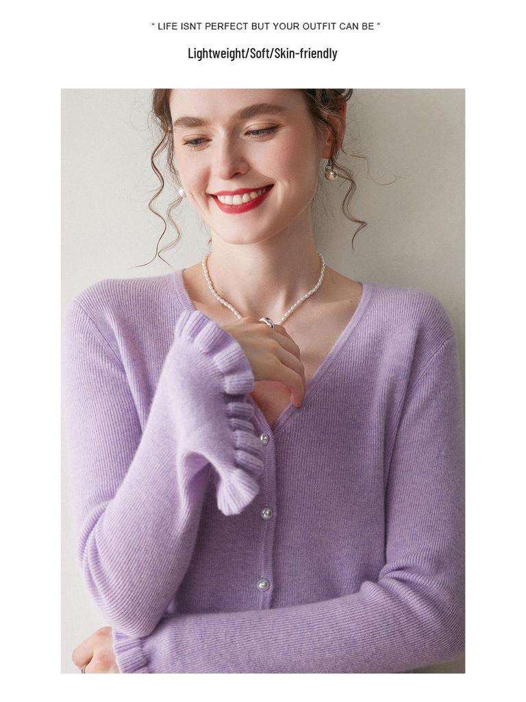 Women's V-neck Ruffle Bell Sleeve Cashmere Cardigan - Soft Knitted Loose Fit Sweater