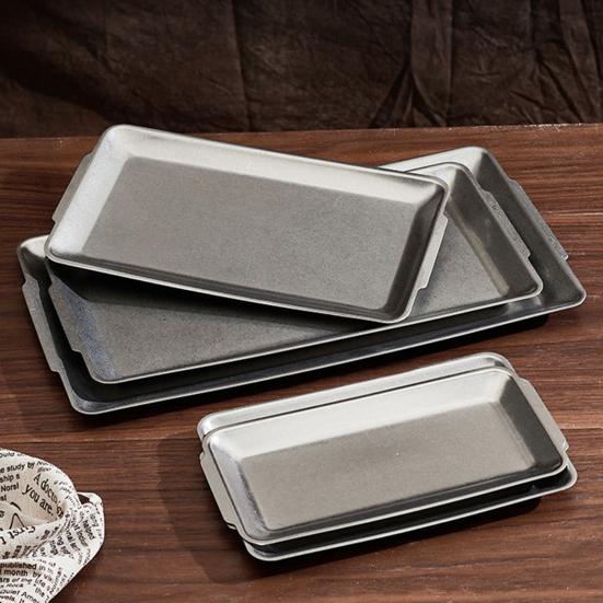 Stainless Steel Serving Plate Large Camping Rectangular Platter with Handles Countertop Decorative Tray