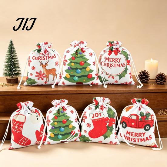 Kids Christmas Present Bags 2Pcs Drawstring Gift Bags, Xmas Tree Reindeer Printed Candy Treat Family Party Holders Pouches, Reusable Fabric