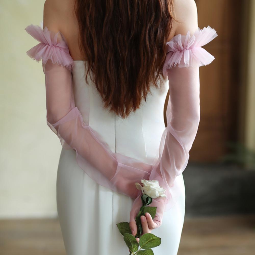 Korean Style Wedding Long Sleeves Solid Color Pleated Lace Arm Covers Bridal Arm Sleeves  Female