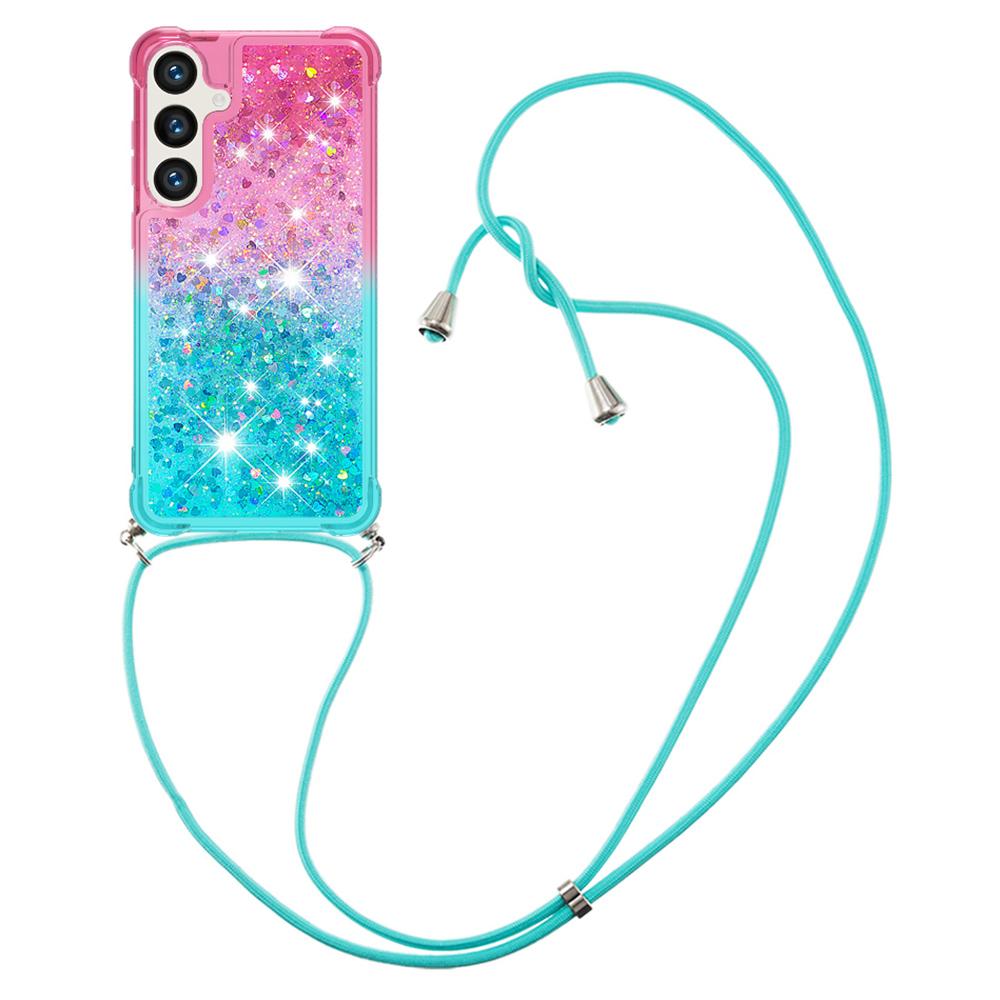 

For Samsung Galaxy S24 TPU Case Gradiant Quicksand Shockproof Cover with Lanyard Pink+Sky Blue