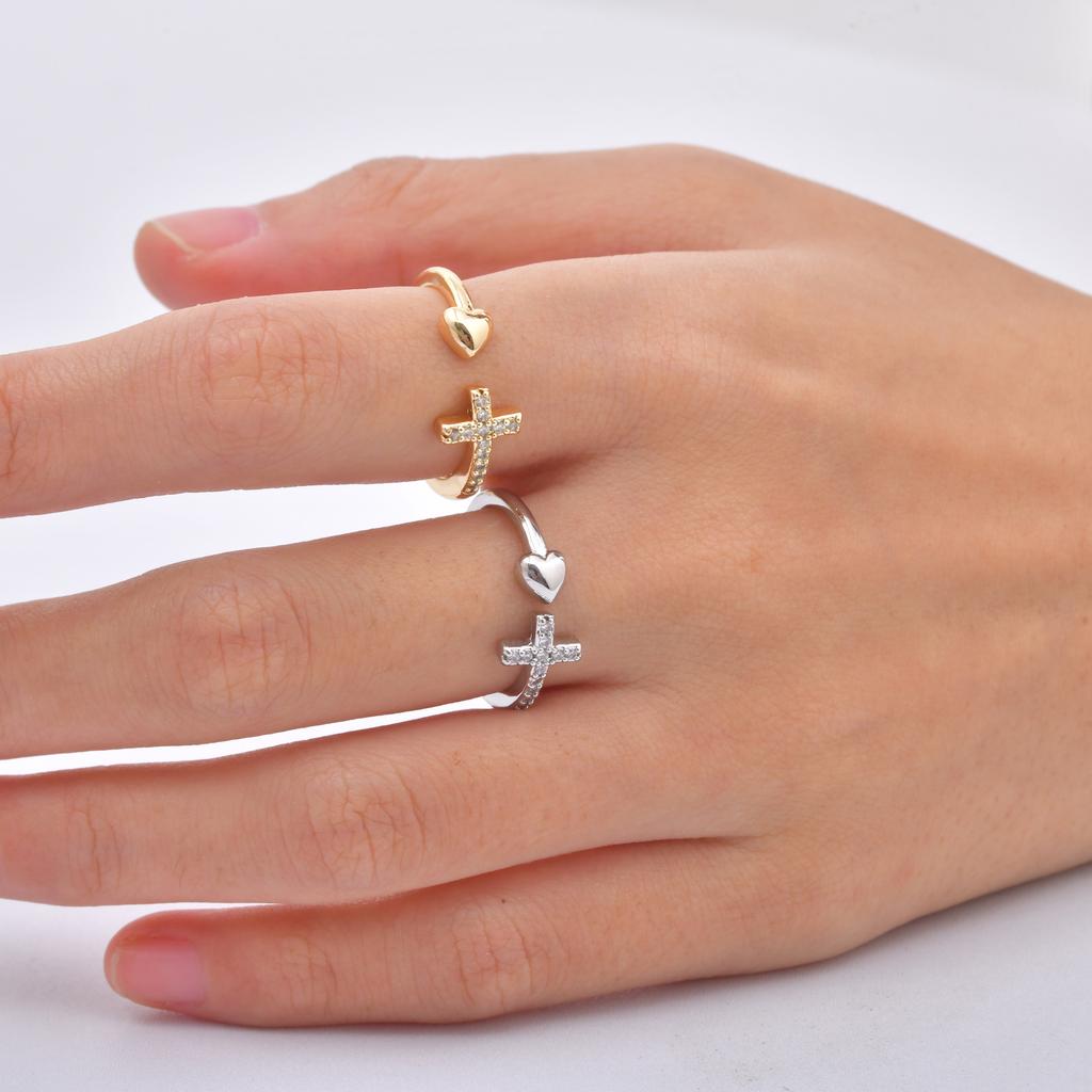 Exquisite Zircon Cross Ring for Women,Open Adjustable Heart Rings,Dainty Fashion Jewelry Gift