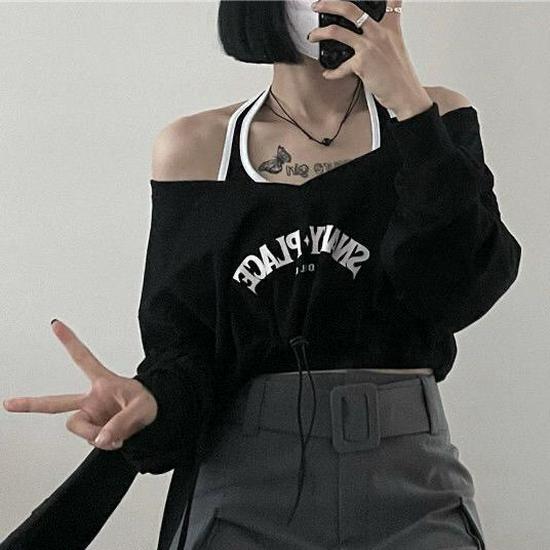 Korean Spring One-Shoulder Two-Piece: Long Sleeve Sweater & Navel-Length Halter Top