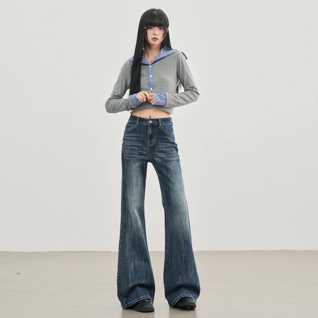 Design sense micro-pull pants retro fashionable versatile thin micro-flared jeans women's trousers extended retro blue trousers