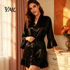 Comfortable Home Wear Women Silk Nightgown with Ruffle Hem, Sexy Long Sleeves V Loose Night Dress Neck Satin Nightshirt, Short Nightdress Sleepwear