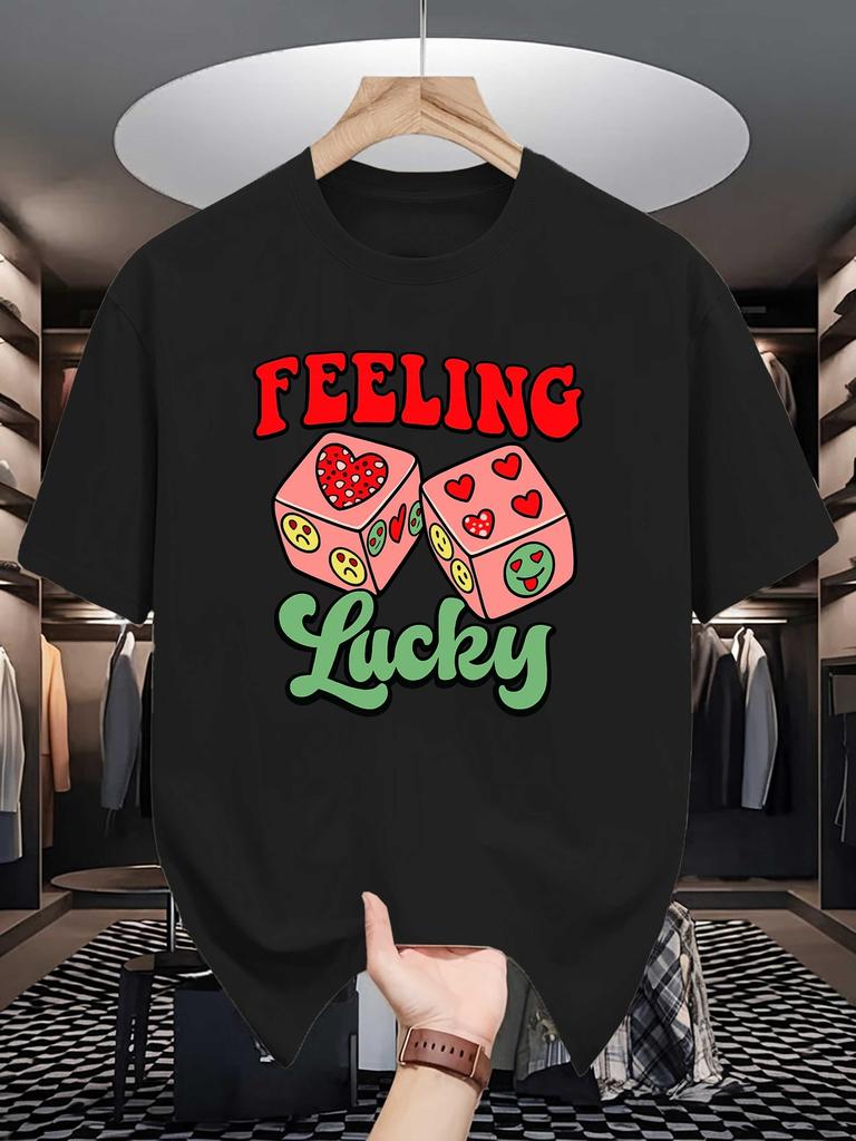 Unisex Crew Neck Tee Retro Heart Dice Feeling Lucky Letter Print Soft Cotton Loose Short Sleeve Summer Casual Male Streetwear Tops