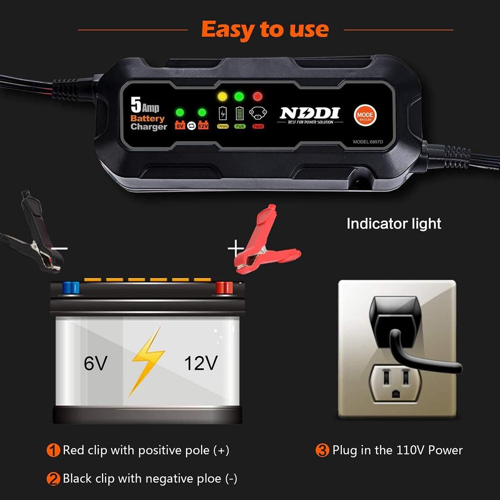 Car Battery Charger, 6V-12V 5A Smart Battery Trickle Charger Automotive Battery Charger Maintainer for Car Truck Motorcycle Lawn Mower Marine Lead