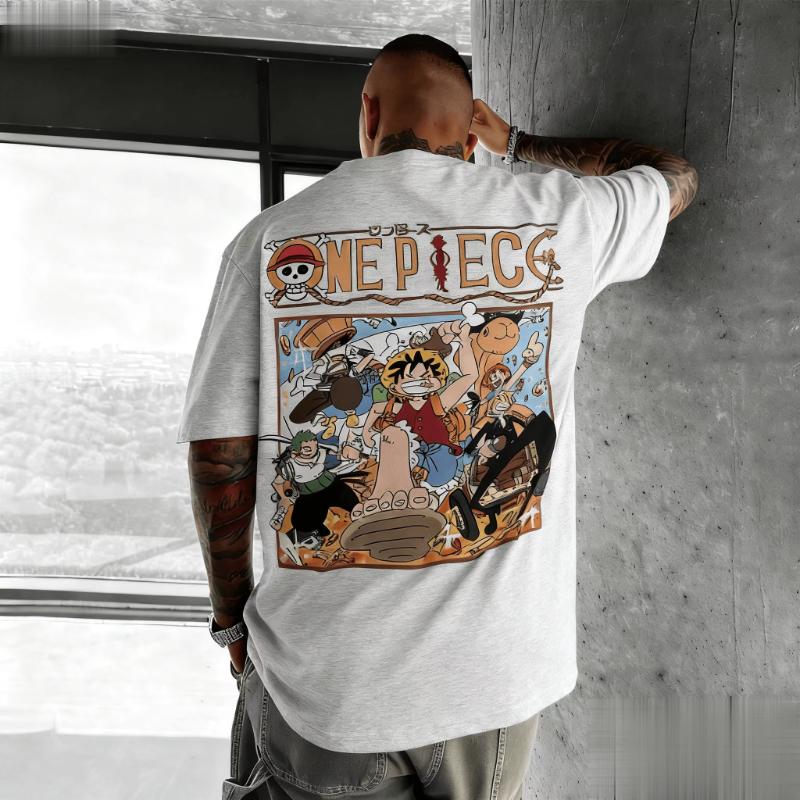 T-shirt Estiva One Piece Anime da Uomo in Cotone a Manica Corta con Stampa Grafica Luffy Equipaggio Pirata Streetwear Top Casual Cartone Animato Vintage
