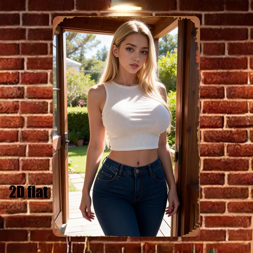 

d pc Metal Sign Golden Hair Girl Blue Jeans Outdoor Wall Art Waterproof Tin Sign PreDrilled Holes xin for Living Room Be 20x30cm（7.8x11.8inch）