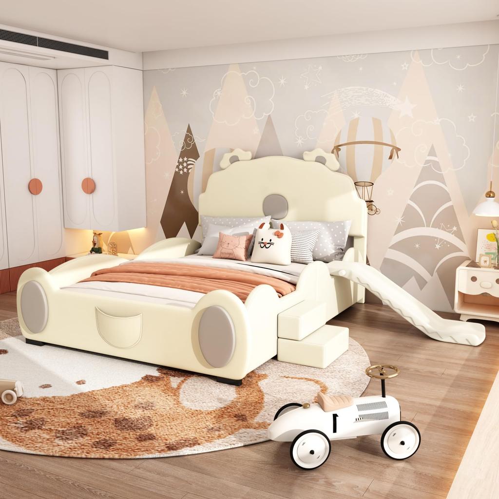 Polsterbett Kinderbett 140x200cm Cartoon Bett LED-Farbwechsellicht Rutsche Leiter Erwachsene Jugend PU-Material Ohne Matratze Beige