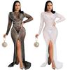 European & American Fashion Women's See-through Mesh Long Sleeve Slit Dress with Hot Drilling Details.