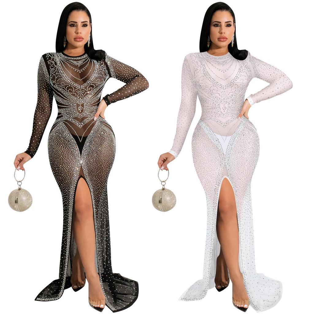 European & American Fashion Women's See-through Mesh Long Sleeve Slit Dress with Hot Drilling Details.