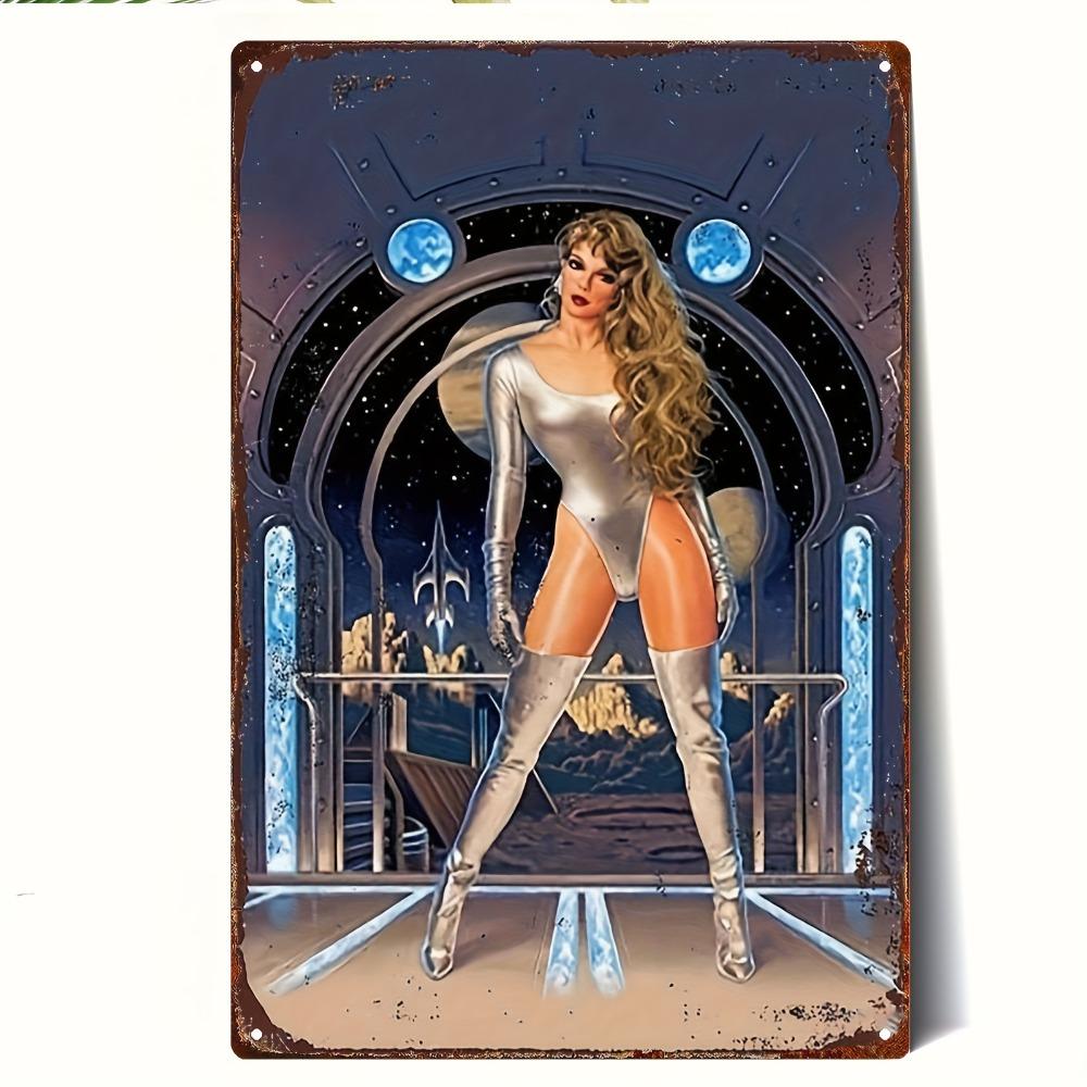 Retro D Metal Tin Sign Silver Female Space Scene Wall Art xcm for Home Bar Garden Garage Decor