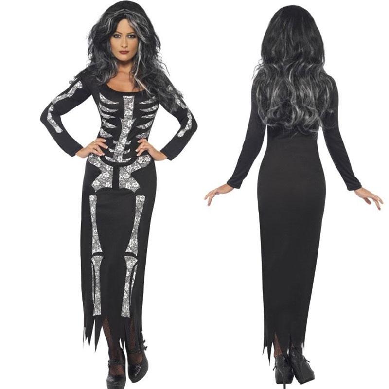 Plus Halloween Midnight Horror Vampire Skeleton Costume Long Fancy Dress Outfit For Spooky Events
