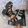 Cross Strap Metal Buckle Open Toe Mid-Top Chunky Sole Platform Sandals, Punk Style Black Fashionable Lightweight Versatile Roman Sandals for Summer