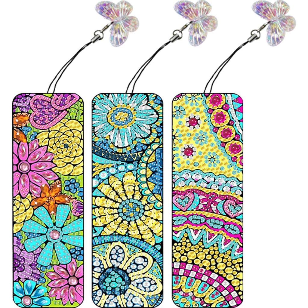 3 Stück Speziell Geformtes Blumenmuster Diamant Lesezeichen Kunstprojekt DIY Diamant Lesezeichen mit Kristallanhänger für den Lesetag Geschenk