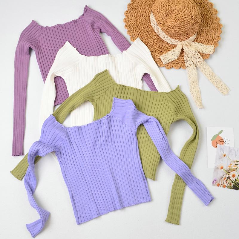 Autumn New Slim Fit Slimming One Shoulder T-shirt for Women Short Knit Sweater, Long Sleeved Top Sweaters