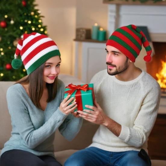 Santa Hat Red White Green Striped Print Knitted Christmas Hat with Plush Ball Decor Holiday Accessory