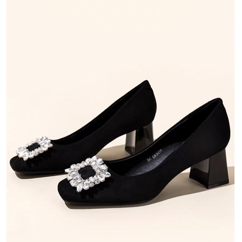 High heels temperament soft leather mother shoes 2025 new professional single shoes rhinestone square head black French light mouth single shoes