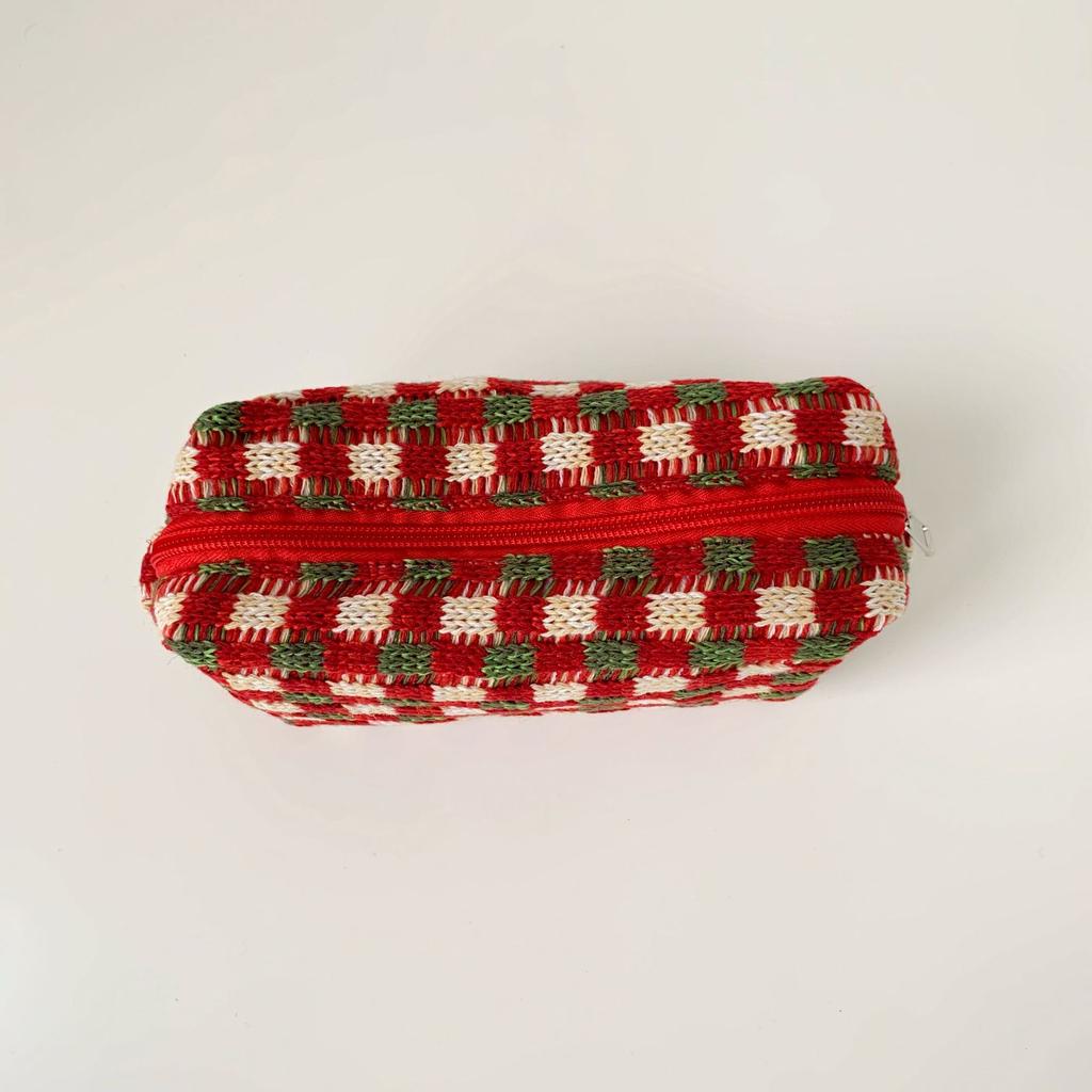 New Cosmetic Bag Knitted Red Green Plaid Large Capacity Makeup Bag Storage Pouch Pen Bag Travel Portable Wash Bag Christmas Gift