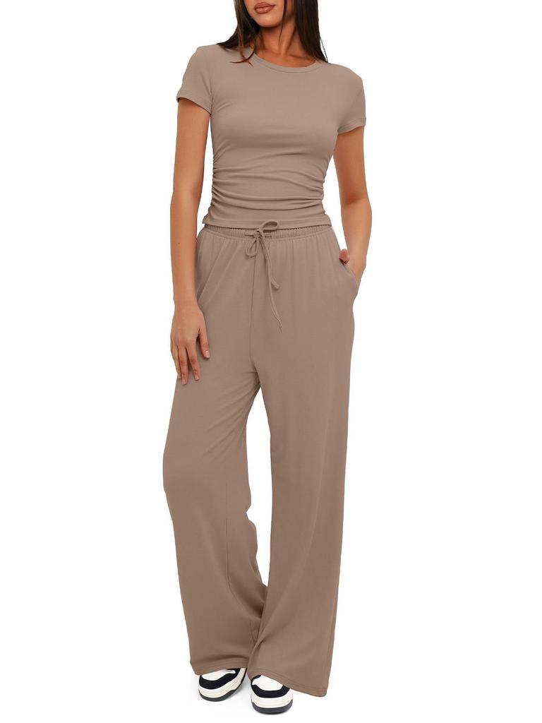 Women's 2-Piece Casual Set: Ruffle Sleeve Top & High Waist Wide Leg Pants Sportswear