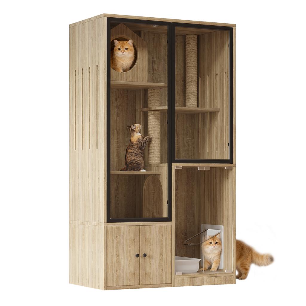 Cat Villa, Indoor Cat House, Chinchilla Cage, with Small Entry and Exit Door (Lockable), Wood-Colored, 90 x 50 x 160 cm, without Cat Litter Box