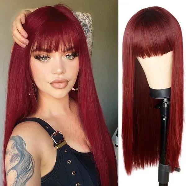 Long Straight Red Black Gray Pink Wig with Bangs Synthetic Hair Wig for Women Heat Resistant Cosplay Prom Accessories