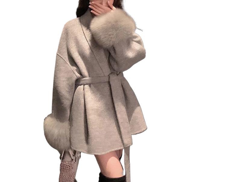 Women's Autumn Wool Coat with Furry Sleeves and Noble Collar