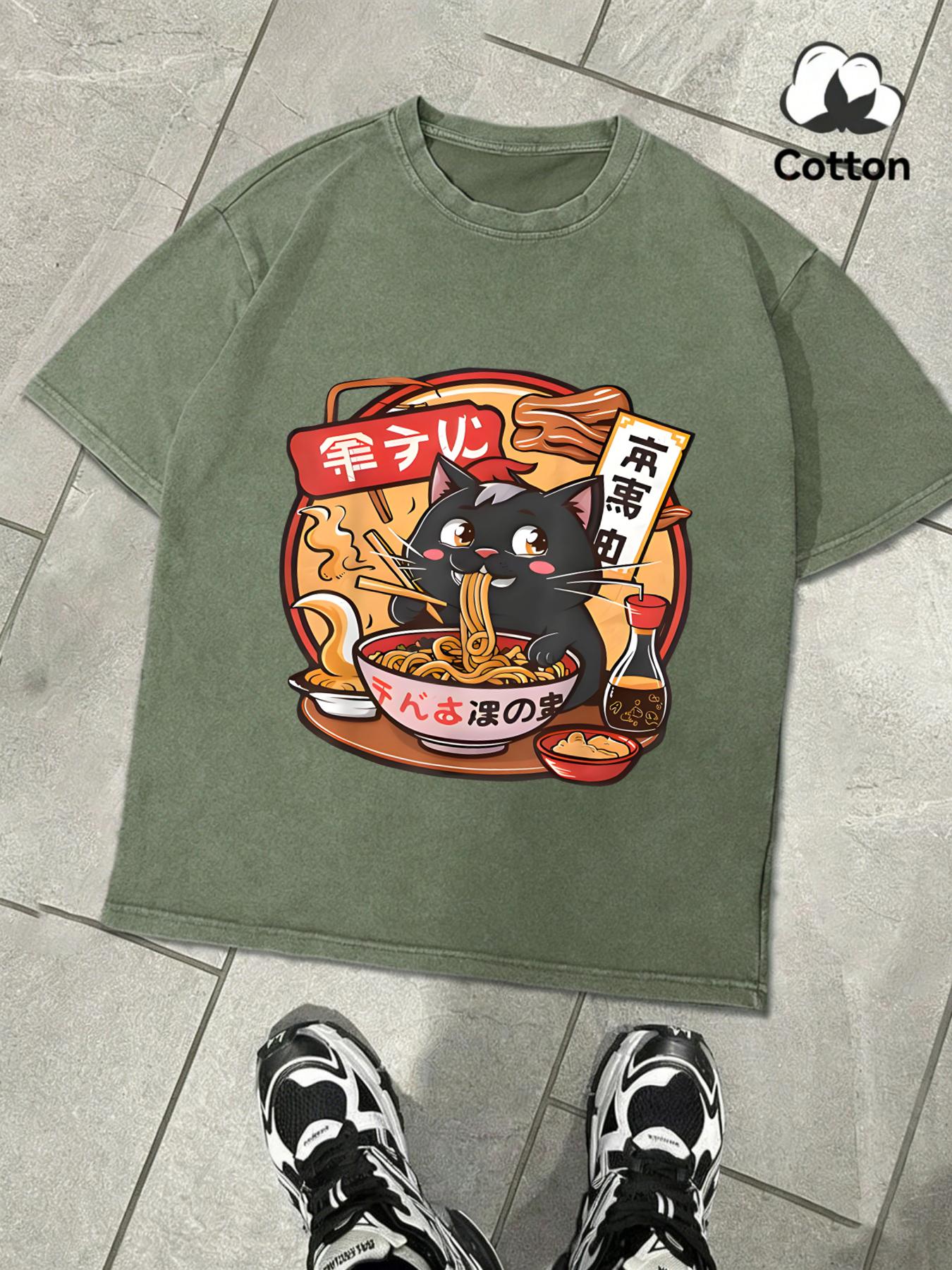 

Cat Enjoying Delicious Lamian Noodles Retro Men TShirt Trendy ONeck Tee Fashion Clothing Unisex Cotton Loose Short Sleeve S