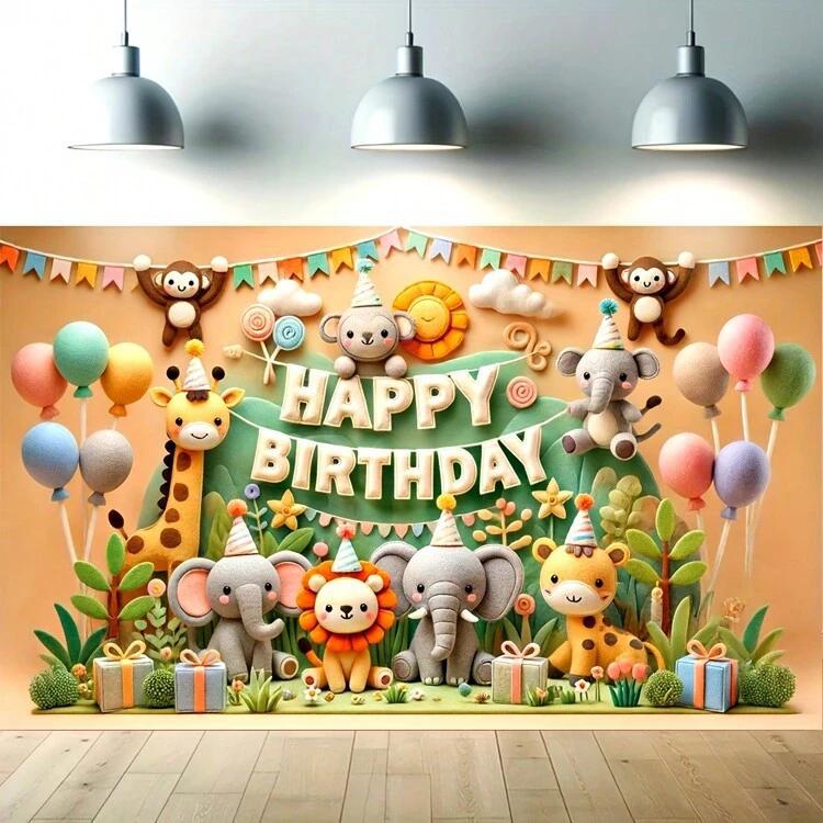 Cartoon Jungle Zoo Children's Birthday Party Decoration Photography Background Cloth Banner