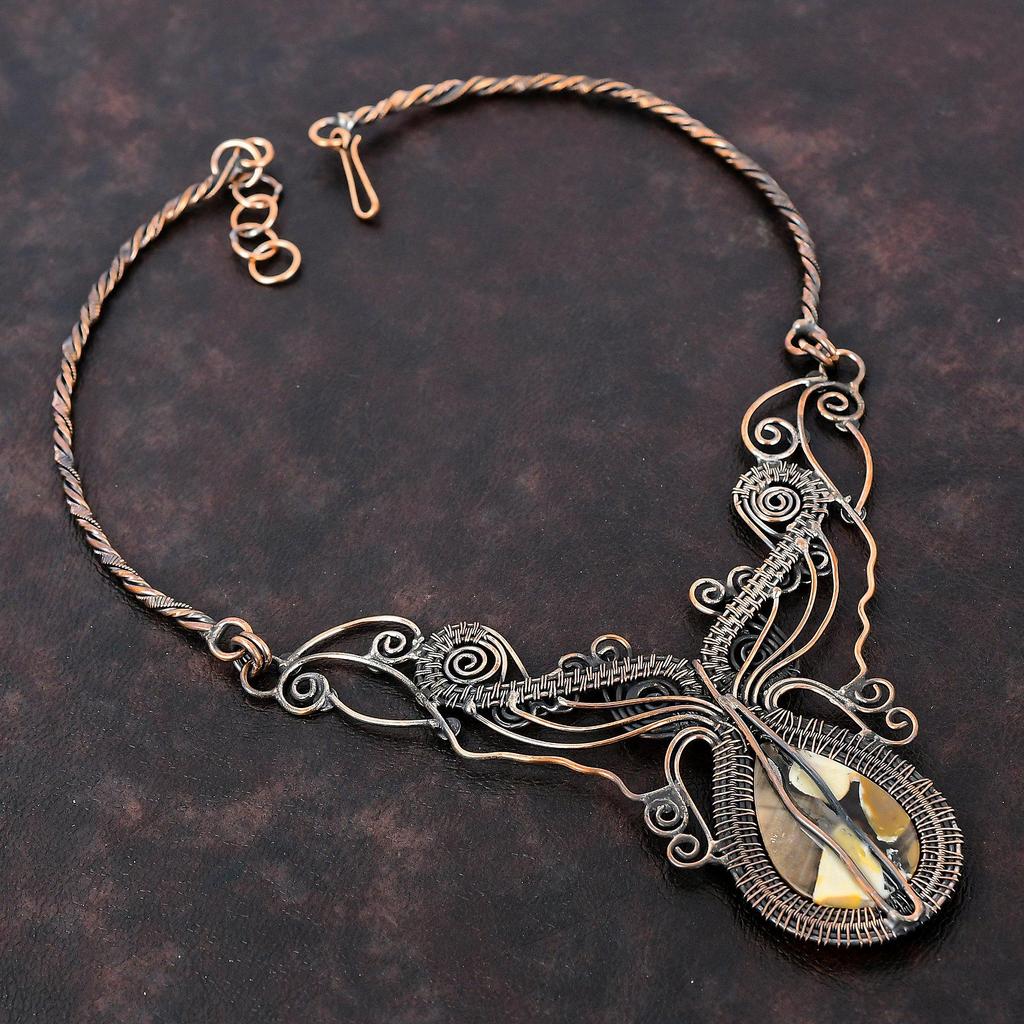 Peanut Wood Jasper Necklace Copper Wire Wrapped Gemstone Necklace Adjustable Necklace Copper Jewelry Handmade Necklace Wire Jewelry For Gift