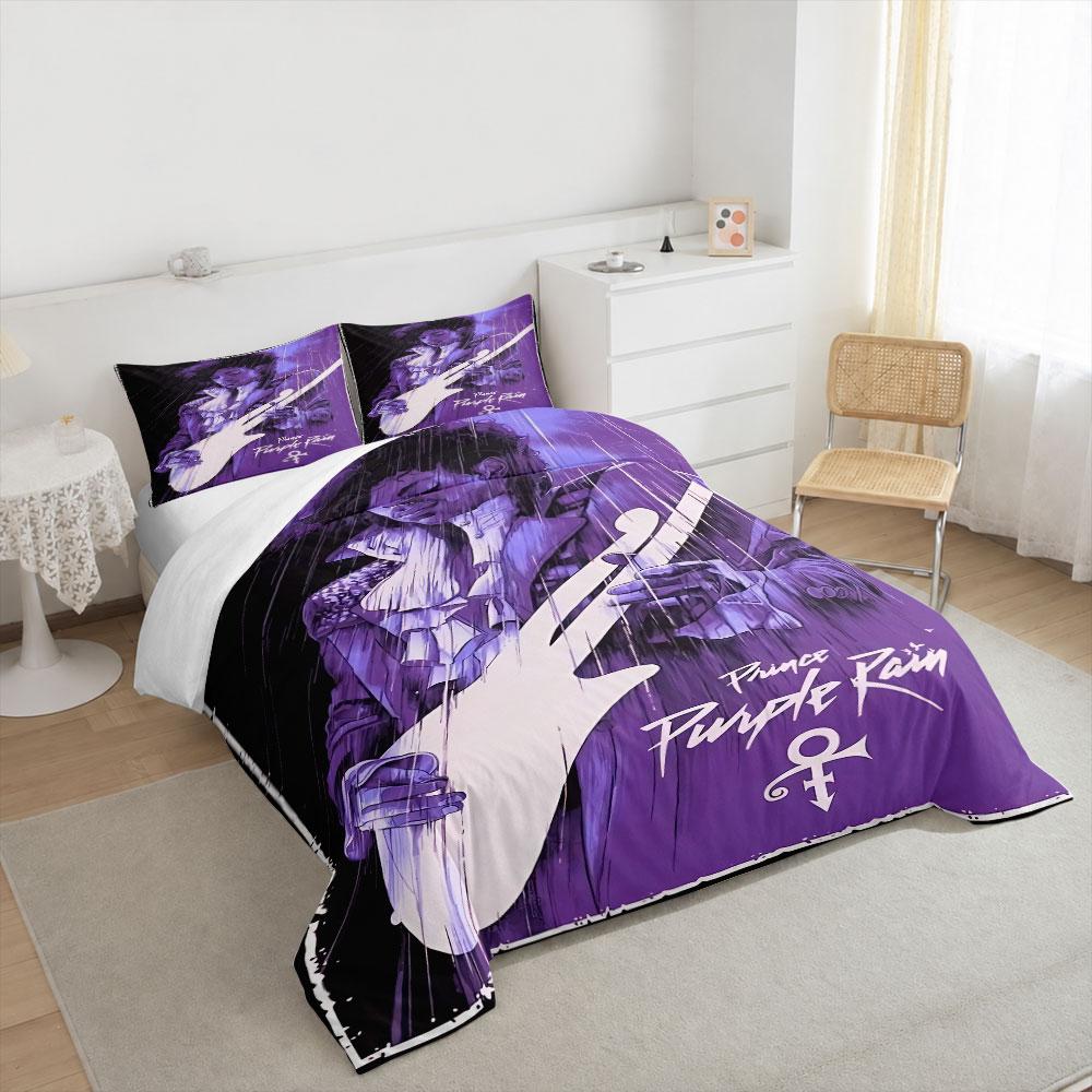 Prince Purple Rain Purple Variant Bedding Set, Deep Purple, Prince With White Guitar in Rain, Love Symbol, Pop Legend Design
