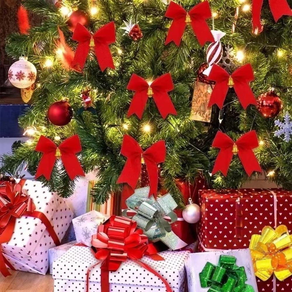12pcs Flocking Xmas Tree Ornaments Bowknot Pendant Christmas Decorations  Home Decoration