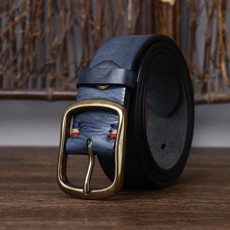 

3,8 см мужской высококачественный ремень из натуральной кожи с роскошной медной пряжкой, дизайнерские ремни из чистой коровьей кожи, мужские джинсы для мужчин в ковбойском стиле 125cm сапфир синий