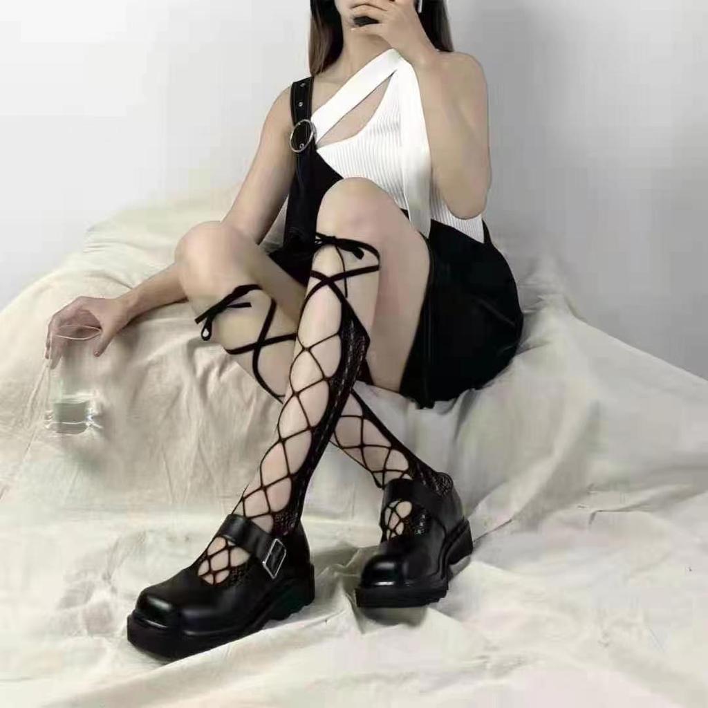 Women Sexy Fishnet Bow Lace Stockings Ruffled Butterfly Hollow Soft Nylon Elastic Knee High White Sock Jk Black Mesh Leg Socks