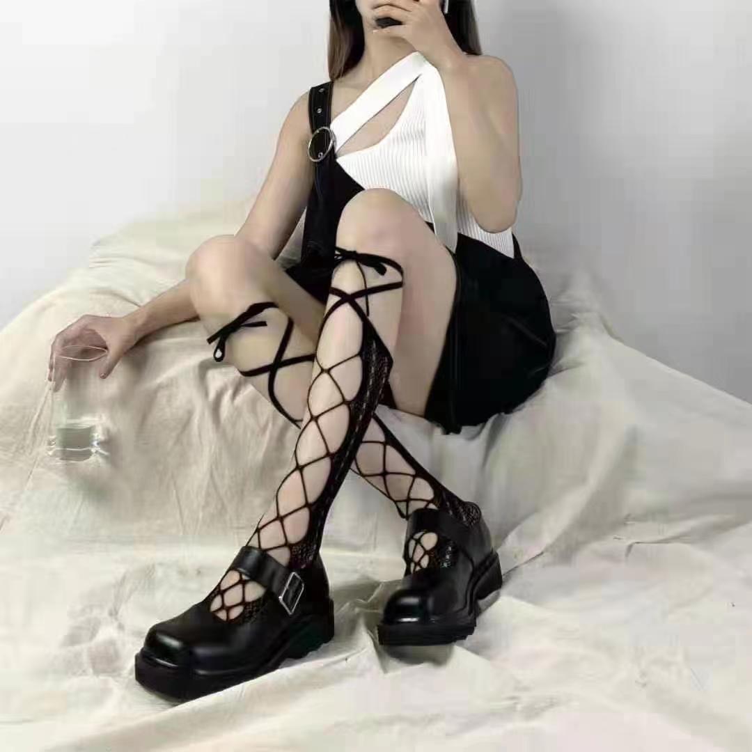 

Женские сексуальные чулки в сетку с бантом и кружевом, с оборками, с вырезами в виде бабочек, из мягкого эластичного нейлона, до колена, белые носки, Jk черные сетчатые носки для ног One Size