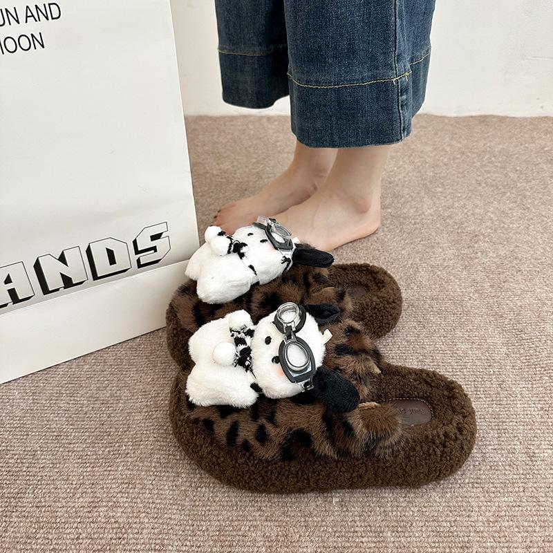 Cute cartoon glasses dog hair slippers women's 2025 autumn and winter new thick-bottomed versatile non-slip one-word cotton slippers