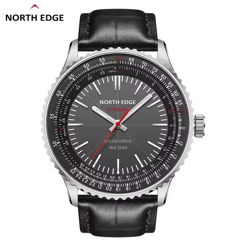 NORTH EDGE EVOQUE 3 Pilot Series Watch For Men Aviation Military Solar Powered Watch Leather Strap Luminous Stainless Steel Case