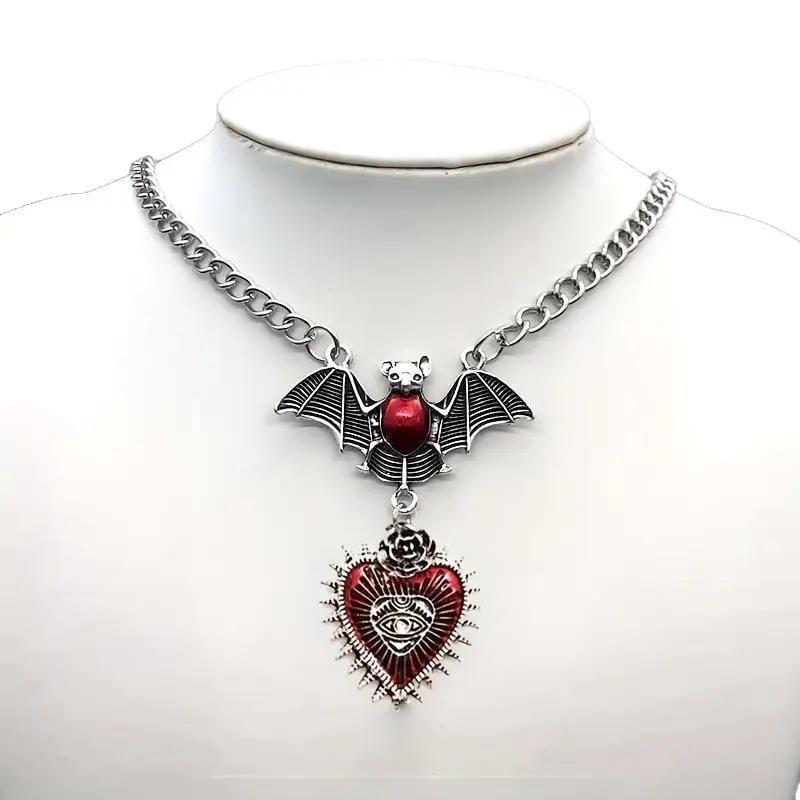 Gothic Vampire Bat Pendant Necklace With Alloy Bloodstone Charm For Women