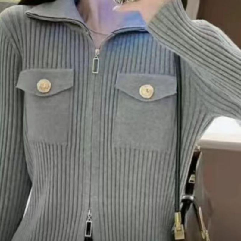 Autumn and Winter New Knitted Cardigan Women's Fashion Slim-fit Short Double Zipper Lapel Women's Sweater Jacket