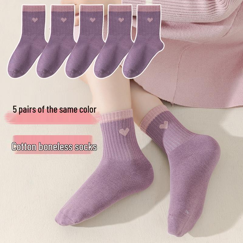 Girls’ Boneless Cotton Mid-Calf Socks - Breathable, Deodorant, Spring/Autumn Style
