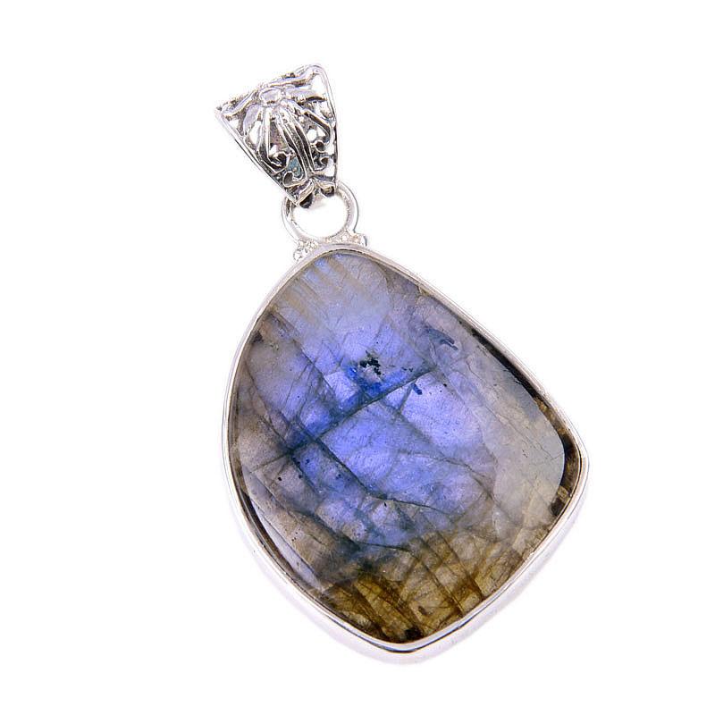 Natural Labradorite Gemstone 925 Solid Sterling Silver Gift Pendant 1.75" q7V49