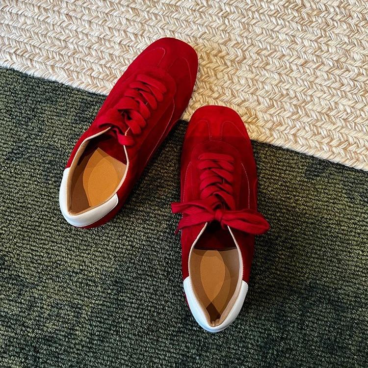 

Версия из коровьей кожи~ Натуральная кожа красные на плоской подошве немецкие тренировочные туфли британский стиль универсальные туфли Форреста Гампа женские на шнуровке с круглым носком повседневные 40 красный