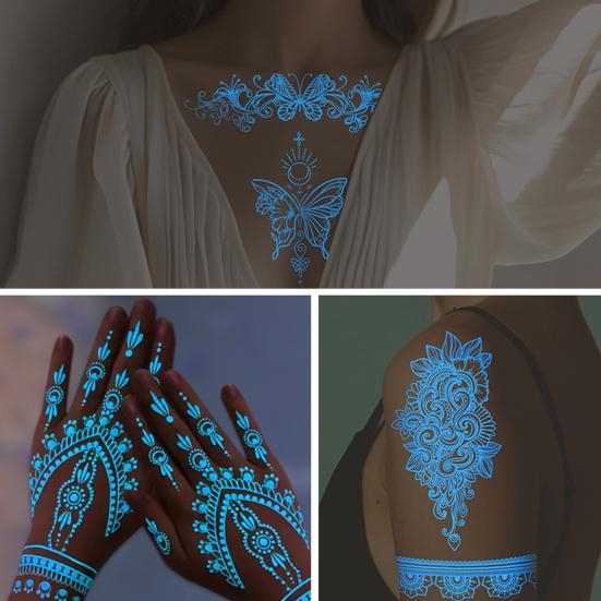 6Pcs Glow in Dark Tattoo Stickers, Lace Temporary Body Art for Hands, Waterproof Indian Mehndi Tattoos for Women Girls