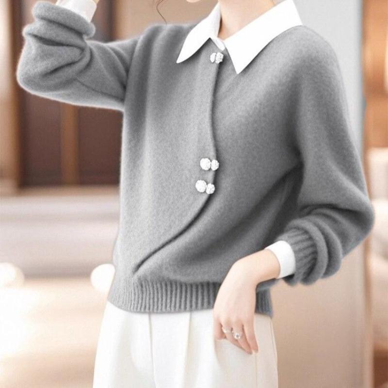 

Ленивый свитер пуловер в китайском стиле, контрастный воротник, повседневный элегантный топ L серый