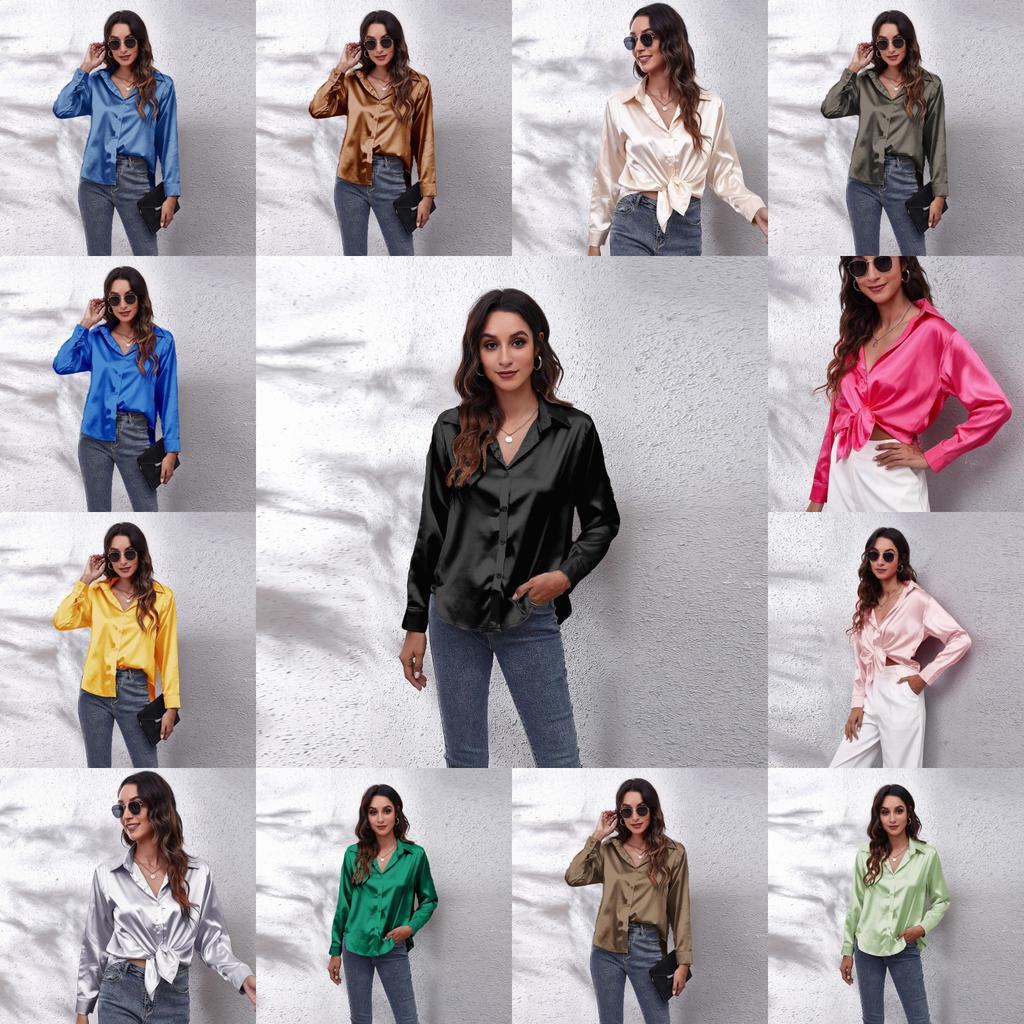 Satijnen Blouse Voor Dames Met Lange Mouwen En Knoopsluiting Voor Kantoor