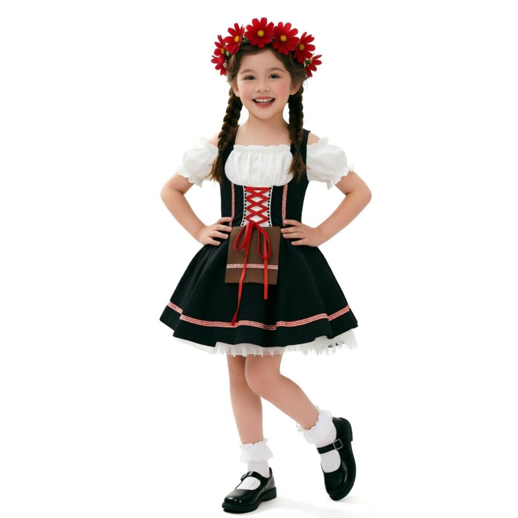 Girls Traditional Festival Dress Costume Kids Bavarian Style Party Outfit with Puff Sleeves and Apron for Celebrations and Events