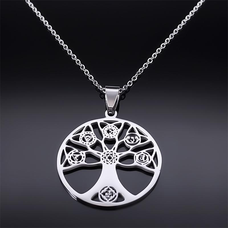 7 Chakra Healing Tree of Life Necklace for Women Men Stainless Steel Silver Color Spiritual Buddhism Necklace Jewelry bijoux
