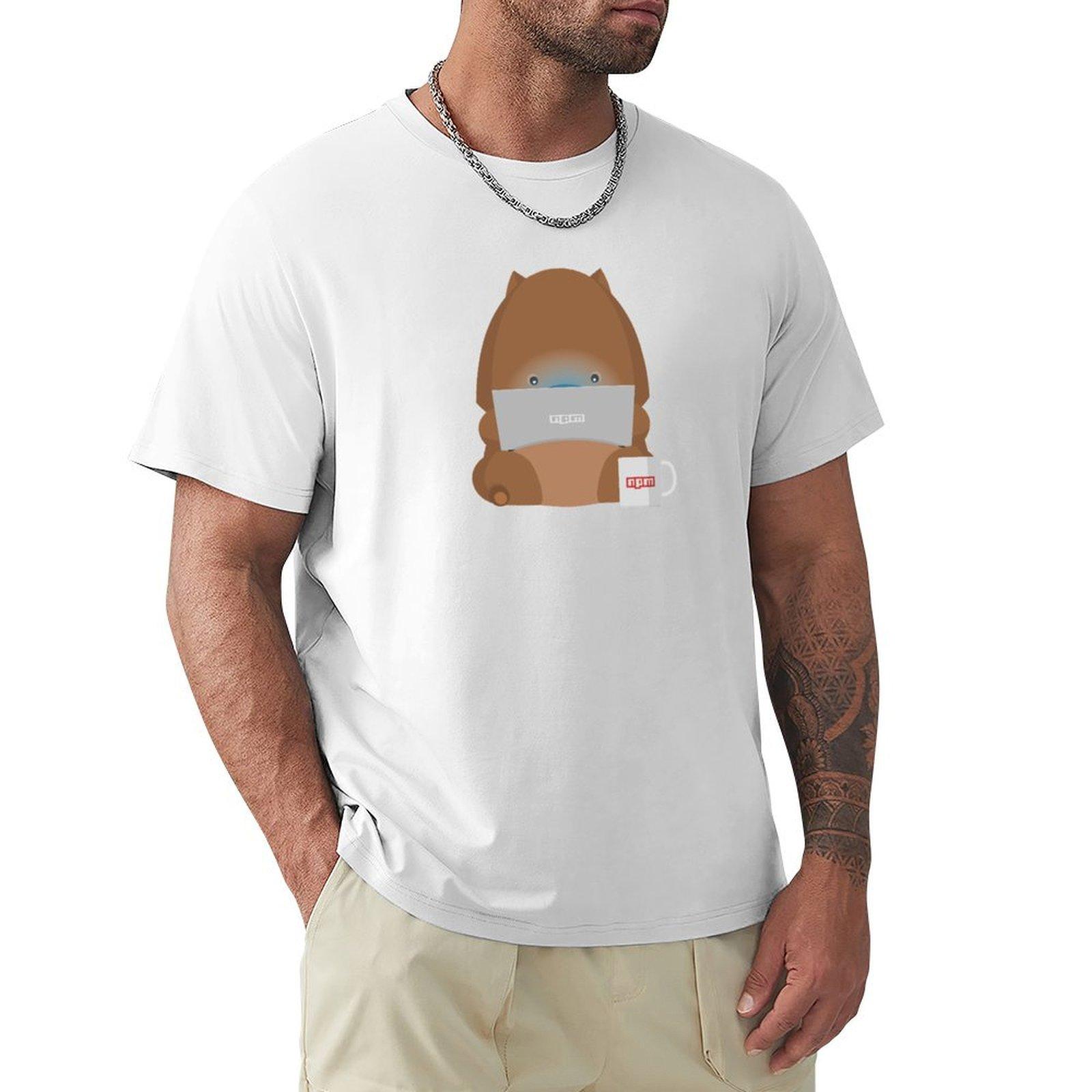 Npm Wombat With Laptop And A Cup Of Coffee (Black Background) Tshirt All Match Basic Short Sleeve Top S