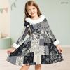 Meisjes Jurk met Hoge Hals, Lange Mouwen, Geprint Patchwork, A-lijn, Uitlopend, met Bontrand